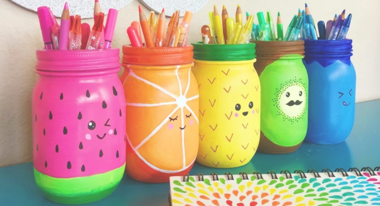 Colorful mason jar pencil holder