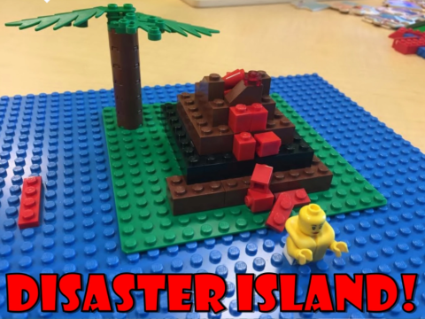 Lego pieces with disaster island in red font
