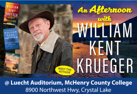 an infographic with a headshot of William Kent Krueger, a Caucasian male with a white mustache and beard wearing a brown suede cowboy hat and a dark blue denim jacket. Titles of his books are on the graphic, as well as the event's name "An Afternoon with William Kent Krueger" and the location of the event. The event title supersedes a mountain range background during sunset.
