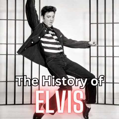 black and white image of Elvis Presley, wearing a black leather jacket and pants with a black and white striped shirt. He is dancing, posing up on his toes. A jail cell is in the background. The title of the program is superimposed in black and white, with "Elvis" is glowing red letters.