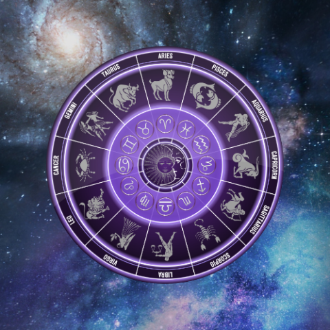 12 gold horoscope symbols on a zodiac wheel in shades of purple against a cool-toned space galaxy background