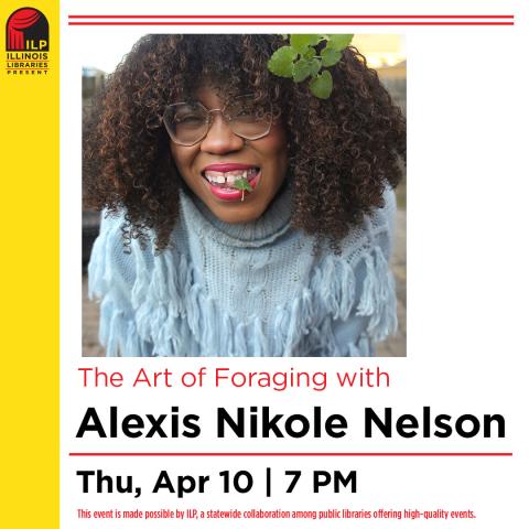 Alexis Nikole Nelson, a young black female with shoulder-length dark, tight curls with bangs. She wears modern-shaped glasses, a light blue crocheted sweater with fringe, and fuschia lipstick. There are mint leaves in her hair and between her smile. 