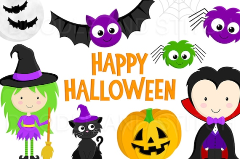 Happy Halloween with witch, black cat, bats, jack-o-lantern, vampire, and spider