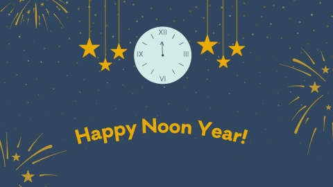 Happy Noon Year in gold writing against blue background with gold stars and clock