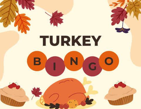 Turkey Bingo with two pies, turkey, and leaves