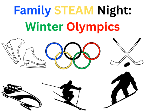 Family STEAM Night: ice skate, bobsled, ski, snowboard, and hockey clip art with colored Olympic rings