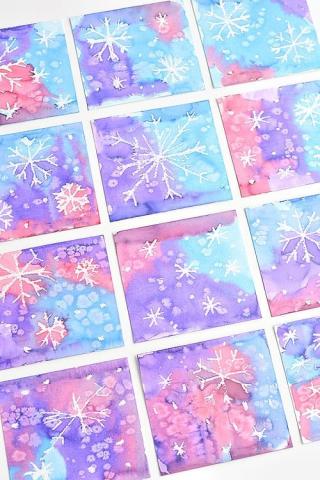 purple, pink, and blue salt and watercolor snowflakes
