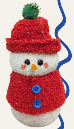Sock snowman with red hat and sweater