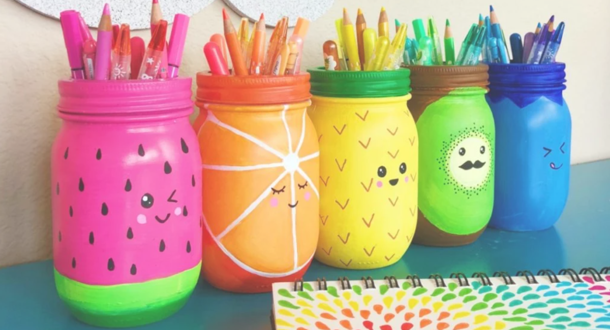 Colorful mason jar pencil holder