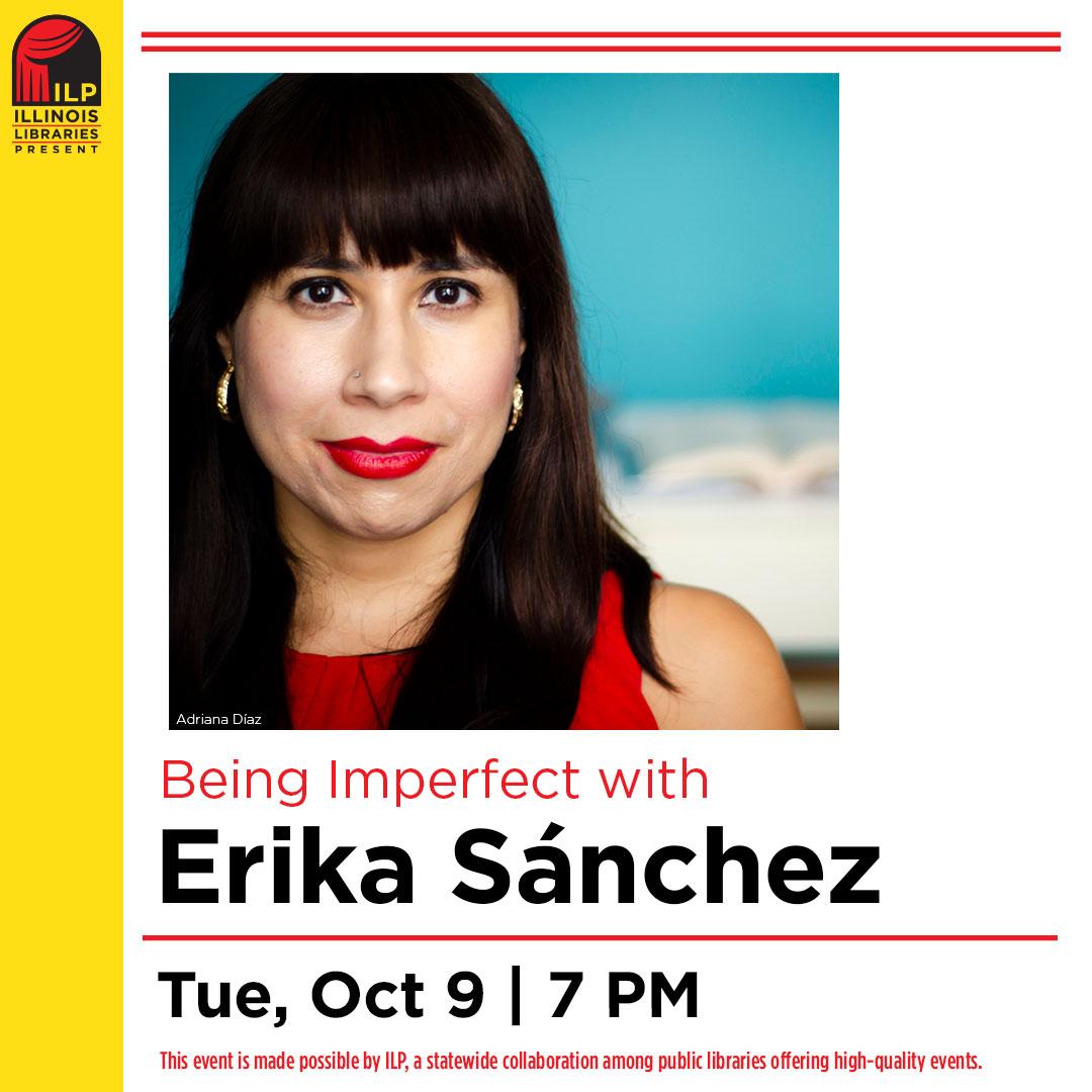 Erika Sanchez, a Hispanic female with light skin and long, dark brown hair with bangs. She has brown eyes and is wearing red lipstick and a red tank top. She is pictured in front of a teal and white background.