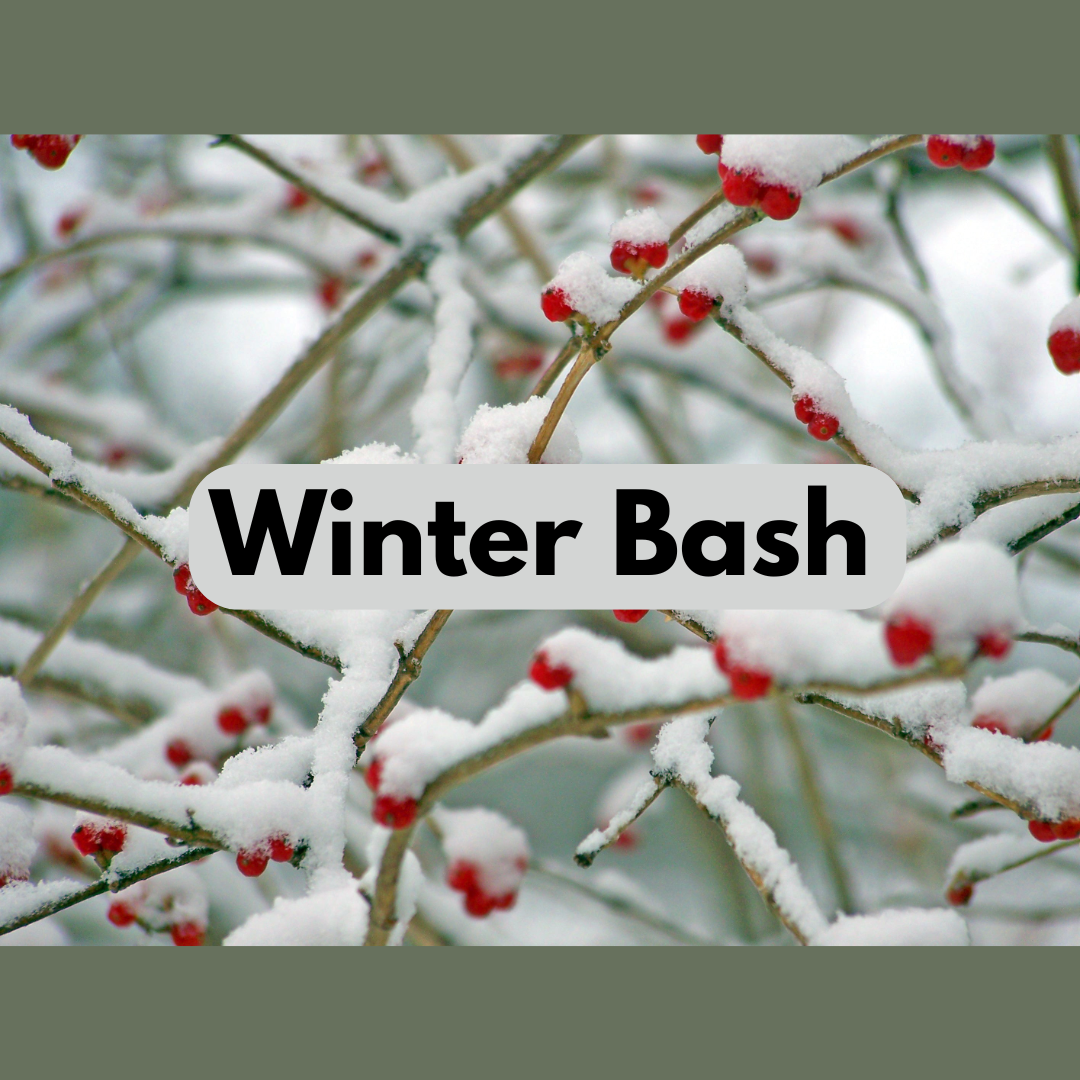 Red berries on a snow covered tree with text that says Winter Bash