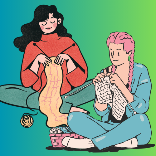 Two animated light-skinned females, one with long black waves and one with long pink braids, sitting on the floor with their legs crossed, knitting with yarn and needles. The background is an ombre blue into green