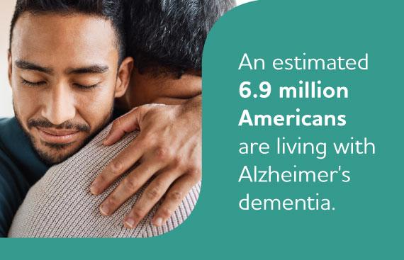 Photo of a Hispanic male hugging his mom. Next to the photo is a fact that says "An estimated 6.3 million Americans are living with Alzheimer's dementia."