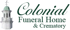 Logo of Colonial Funeral Home & Creama, in forest green font. A white weathervane with green roof is placed on the left of the text. 