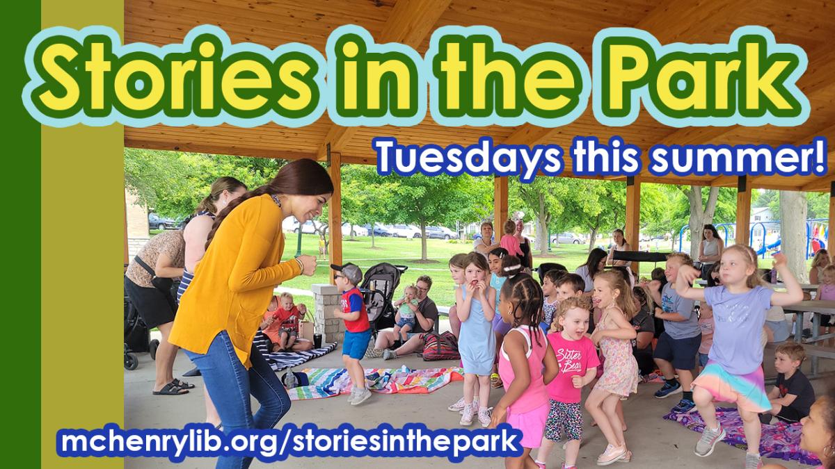 Library staff reading to children under Stories in the Park heading