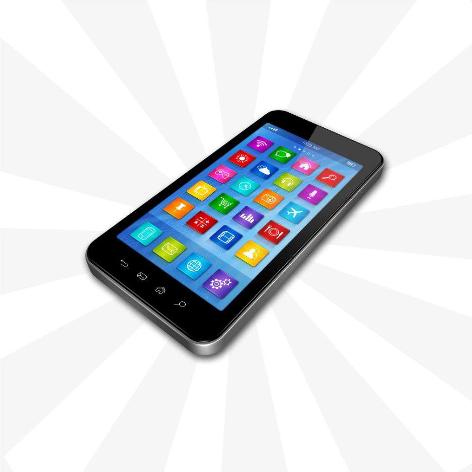 Image of basic black smartphone with a variety of apps on the home screen