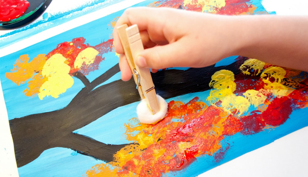 fall tree painted with cotton ball and clothespin