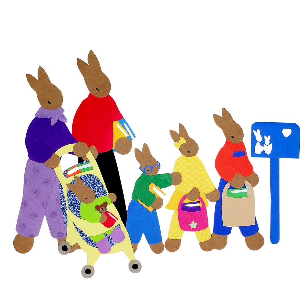 Illustrated bunny family walking to the library
